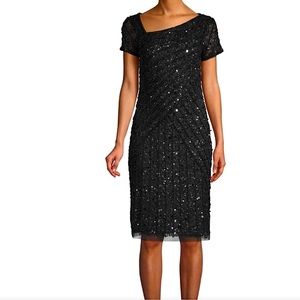 NWT ADRIANNA PAPELL Black Beaded Sheath Dress Formal Evening Black Tie Cocktail